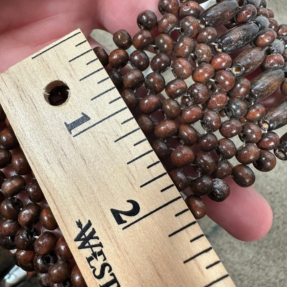 Vintage Brown Wooden Bead Wide Tie Belt Woven Boho Hippie Adjustable Waist